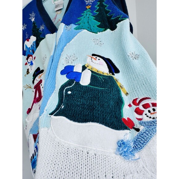 Quacker Factory Cardigan Sweater Snowmen Christmas Small Hidden Button 1990s - Picture 4 of 8